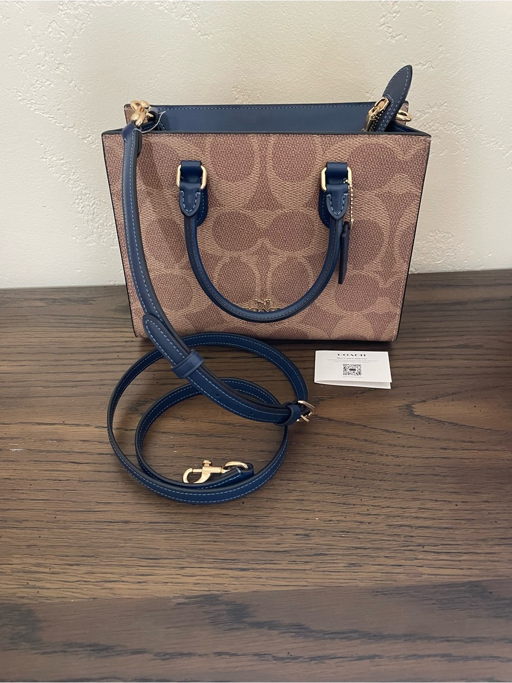 Coach Small Signature Satchel in Brown with Navy Trim